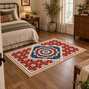 Vibrant Red Blue Mandala Area Rug, styled product view 1