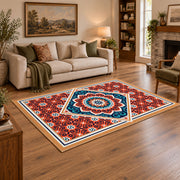 Vibrant Red Blue Mandala Area Rug, styled product view 10