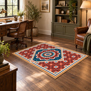 Vibrant Red Blue Mandala Area Rug, styled product view 2