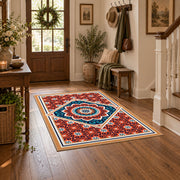 Vibrant Red Blue Mandala Area Rug, styled product view 3