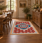 Vibrant Red Blue Mandala Area Rug, styled product view 4