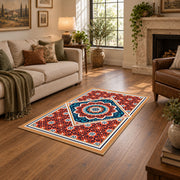 Vibrant Red Blue Mandala Area Rug, styled product view 7