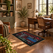 Brother veteran tribute area rug in black, red, cream, and teal, complete product view