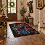 Brother veteran tribute area rug in black, red, cream, and teal, wood floor styling