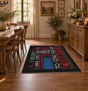 Brother veteran tribute area rug in black, red, cream, and teal, close decorative detail