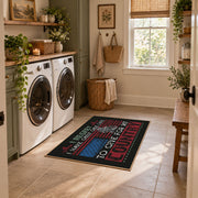 Brother veteran tribute area rug in black, red, cream, and teal, wide interior view