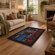 Brother veteran tribute area rug in black, red, cream, and teal, design detail view