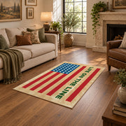 American flag tribute area rug in beige, red, blue, and cream, cozy home setting
