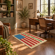 American flag tribute area rug in beige, red, blue, and cream, complete product view