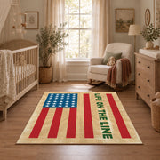 American flag tribute area rug in beige, red, blue, and cream, full pattern view