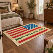 American flag tribute area rug in beige, red, blue, and cream, soft surface detail