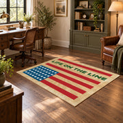 American flag tribute area rug in beige, red, blue, and cream, wood floor styling