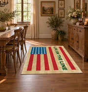 American flag tribute area rug in beige, red, blue, and cream, front room mockup