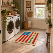 American flag tribute area rug in beige, red, blue, and cream, design detail view
