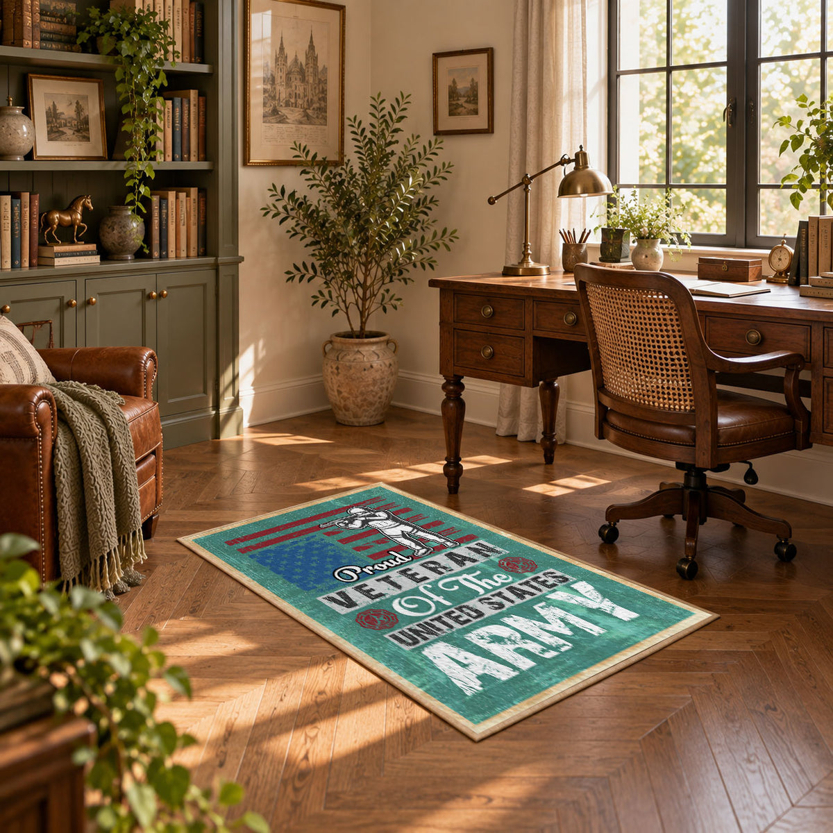 Army veteran typography area rug in teal, red, cream, and black, featured room view