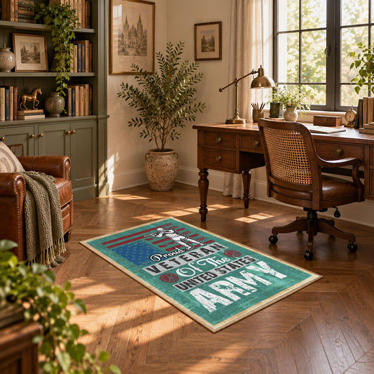 Army veteran typography area rug in teal, red, cream, and black, featured room view