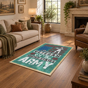 Army veteran typography area rug in teal, red, cream, and black, cozy home setting