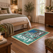Army veteran typography area rug in teal, red, cream, and black, complete product view