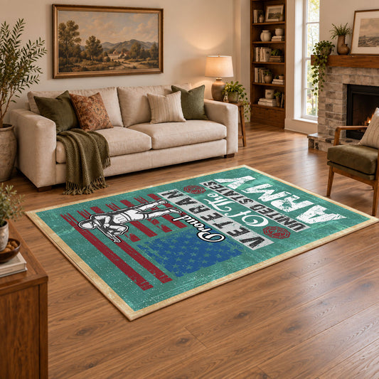 Army veteran typography area rug in teal, red, cream, and black, angled room view