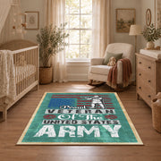 Army veteran typography area rug in teal, red, cream, and black, full pattern view