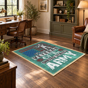 Army veteran typography area rug in teal, red, cream, and black, wood floor styling