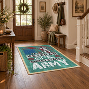Army veteran typography area rug in teal, red, cream, and black, close decorative detail