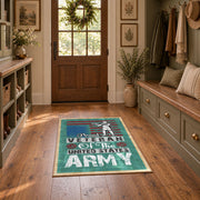 Army veteran typography area rug in teal, red, cream, and black, wide interior view