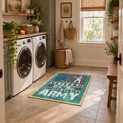 Army veteran typography area rug in teal, red, cream, and black, design detail view