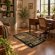 Proud airborne veteran area rug in black, gold, and tan, complete product view