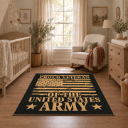 Proud airborne veteran area rug in black, gold, and tan, full pattern view