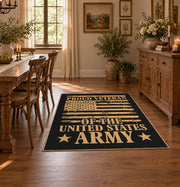 Proud airborne veteran area rug in black, gold, and tan, close decorative detail