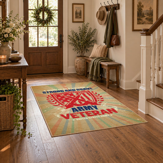 American eagle service area rug in beige, red, blue, and teal, featured room view