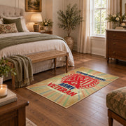 American eagle service area rug in beige, red, blue, and teal, cozy home setting