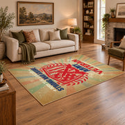 American eagle service area rug in beige, red, blue, and teal, angled room view