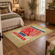 American eagle service area rug in beige, red, blue, and teal, soft surface detail