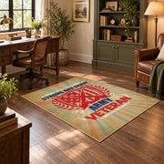 American eagle service area rug in beige, red, blue, and teal, wood floor styling