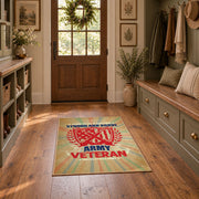 American eagle service area rug in beige, red, blue, and teal, front room mockup