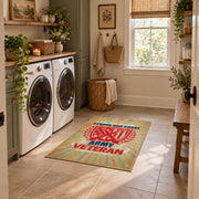 American eagle service area rug in beige, red, blue, and teal, wide interior view