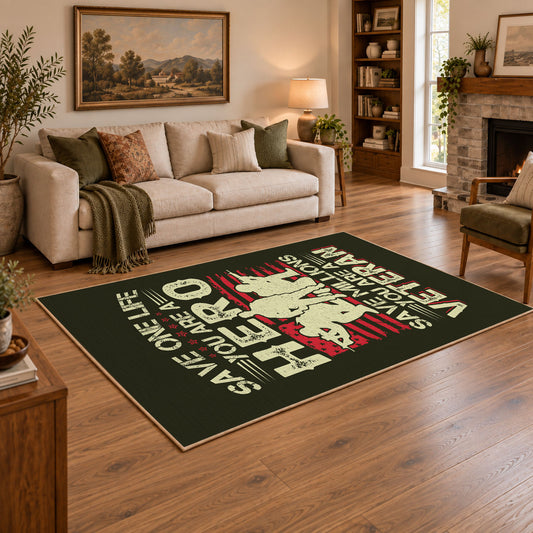 Veteran homecoming tribute area rug in black, red, cream, and green, angled room view