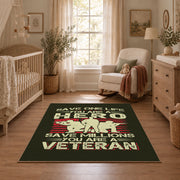 Veteran homecoming tribute area rug in black, red, cream, and green, full pattern view