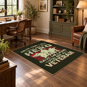 Veteran homecoming tribute area rug in black, red, cream, and green, wood floor styling
