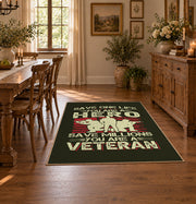 Veteran homecoming tribute area rug in black, red, cream, and green, front room mockup