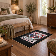 American veteran flag area rug in black, red, white, and blue, cozy home setting