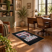 American veteran flag area rug in black, red, white, and blue, complete product view
