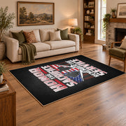 American veteran flag area rug in black, red, white, and blue, angled room view