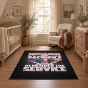 American veteran flag area rug in black, red, white, and blue, full pattern view