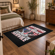 American veteran flag area rug in black, red, white, and blue, soft surface detail