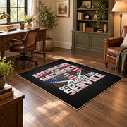 American veteran flag area rug in black, red, white, and blue, wood floor styling