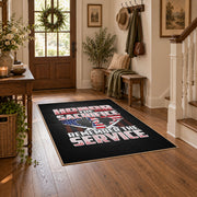 American veteran flag area rug in black, red, white, and blue, close decorative detail