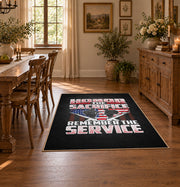 American veteran flag area rug in black, red, white, and blue, front room mockup